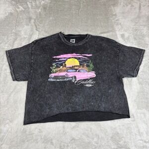 Cadillac Shirt Womens XLarge Black GM Car Sunset Cropped Sunset Acid‎ Washed